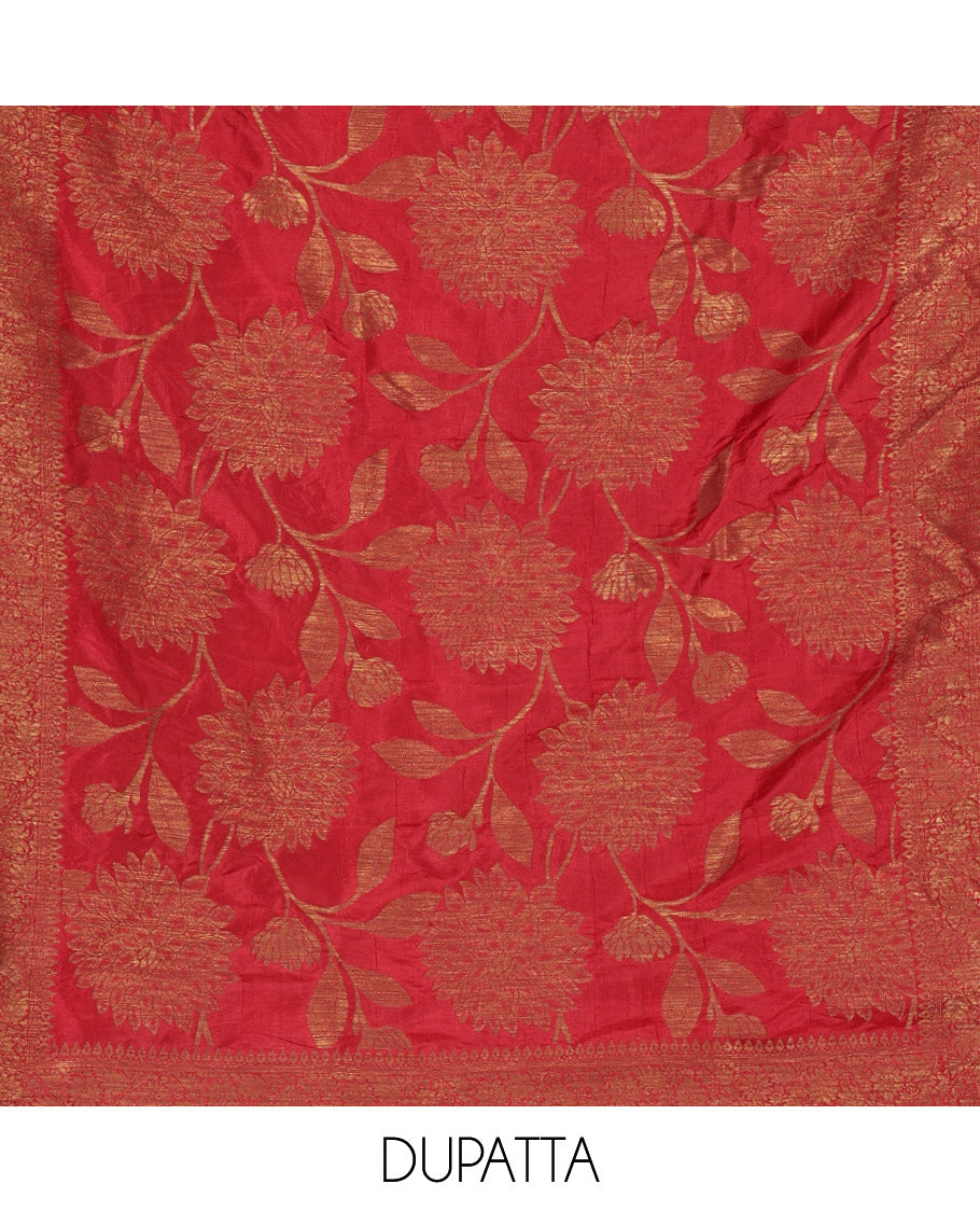 Red Material Churidar Set, Bedecked with Zari Buttas Woven on Its Semi-Silk Top, Comes with a Plain Santoon Bottom, and a Semi-Silk Floral Jaal Zari Jacquard Dupatta