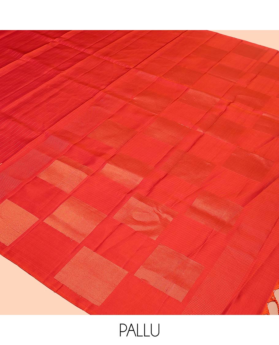 Red Mayuri Soft Silk Saree, Sparsely Sparkled with Stripes All Over Its Body, Highlighted by Zari Geometric Border, Pallu of Gleaming Zari Checks, and Paired with a Matching Blouse