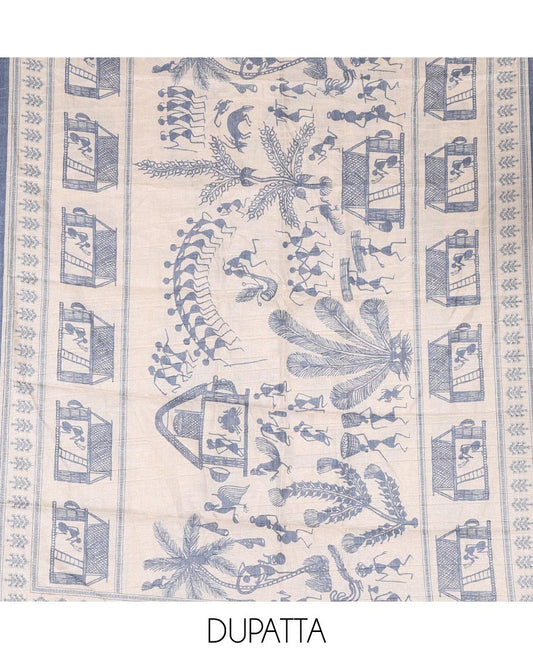 Blue material churidar set, warli tribe village theme print with mirror work semi-tussar top, plain bottom, and warli tribe village theme print semi-tussar dupatta