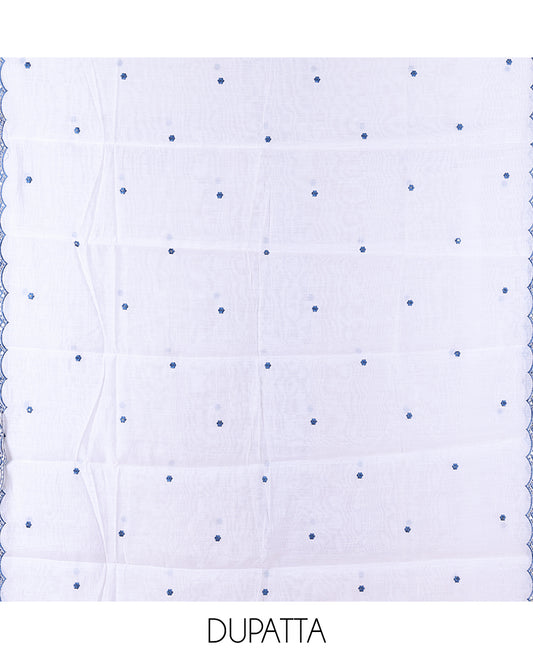 White-Blue Mul Chanderi Material Churidar Features Floral Embroidered Top, a Matching Bottom, and an Embroidered Scallop Dupatta