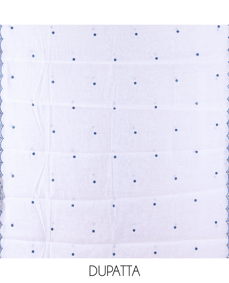 White-Blue Mul Chanderi Material Churidar Features Floral Embroidered Top, a Matching Bottom, and an Embroidered Scallop Dupatta