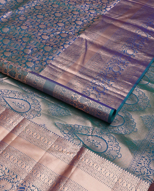 Blue floral jacquard wedding silk saree, intricate pallu & zari border of thilakam,kamalam,manga & kodi visiry designs