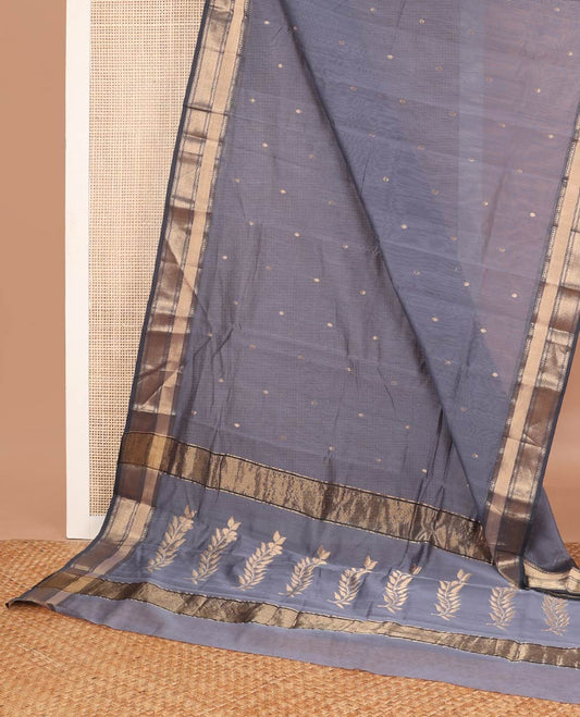 Dark grey floral motifs chanderi cotton saree with contrast zari design border & striped, floral design pallu