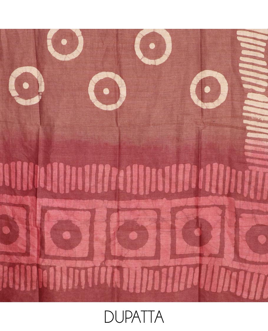 Pink with brown geometric batik print bhagalpur cotton chudidhar material top with batik print cotton pants & batik print mul mul dupatta