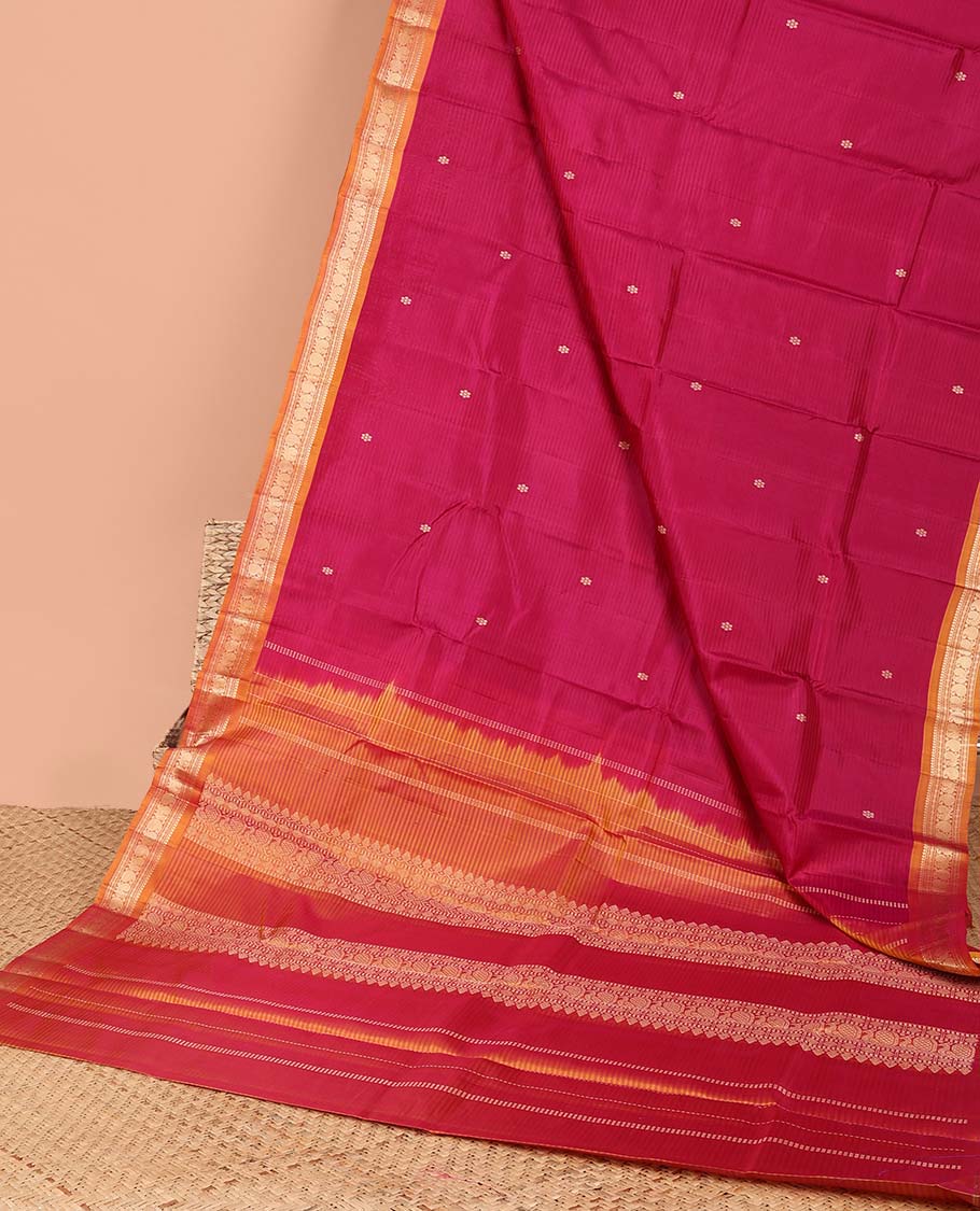 Pink striped flower buttas kancheepuram silk saree with contrast border of sombu, banaras, paisley design & zari design pallu