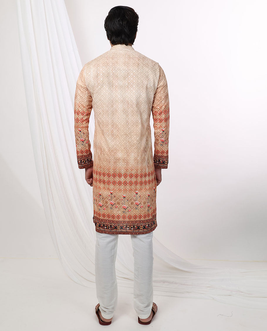 sandal floral jaal embroidered mandarin collar & full-sleeve long raw silk kurta