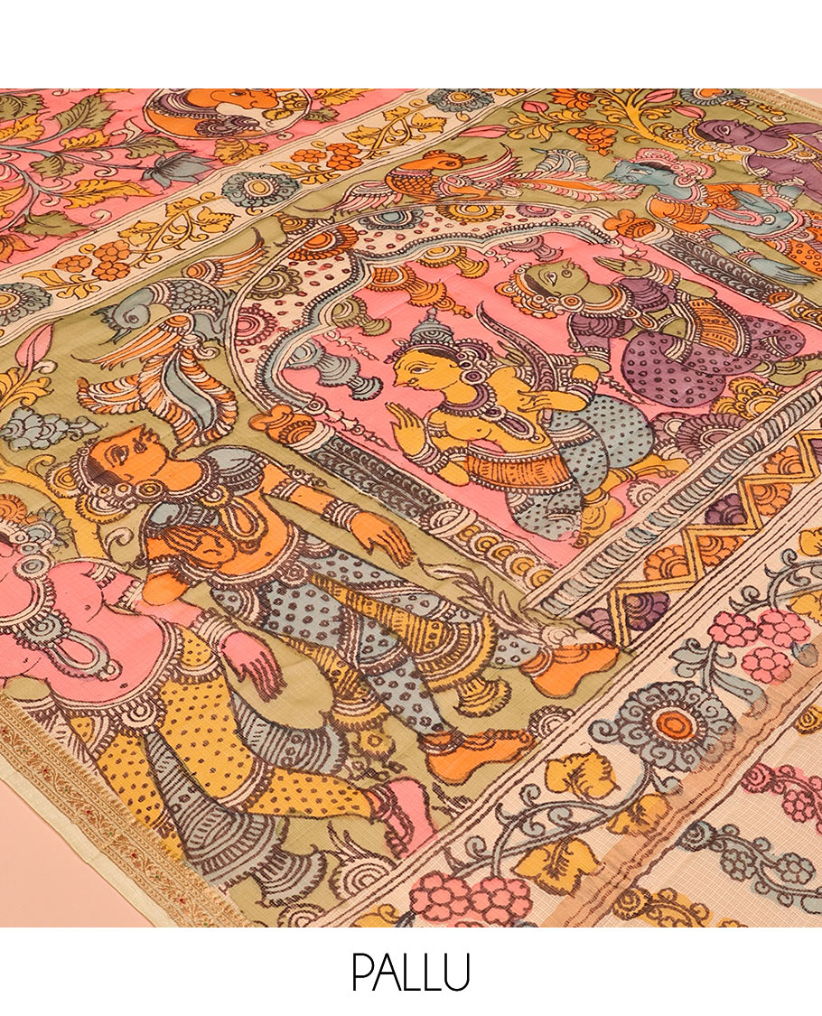 Pink Floral Vine Pen Kalamkari Silk Saree, Contrast Zari Border, God Motif Pallu, Contrast Blouse