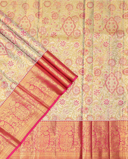 Sandal floral jacquard pure half silk saree with contrast zari border,  contrast zari design blouse & plain with zari border dhavani