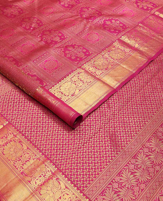 Pink floral design silk saree with self border of thilakam mokku, muthu, kathir, banaras design & zari design pallu