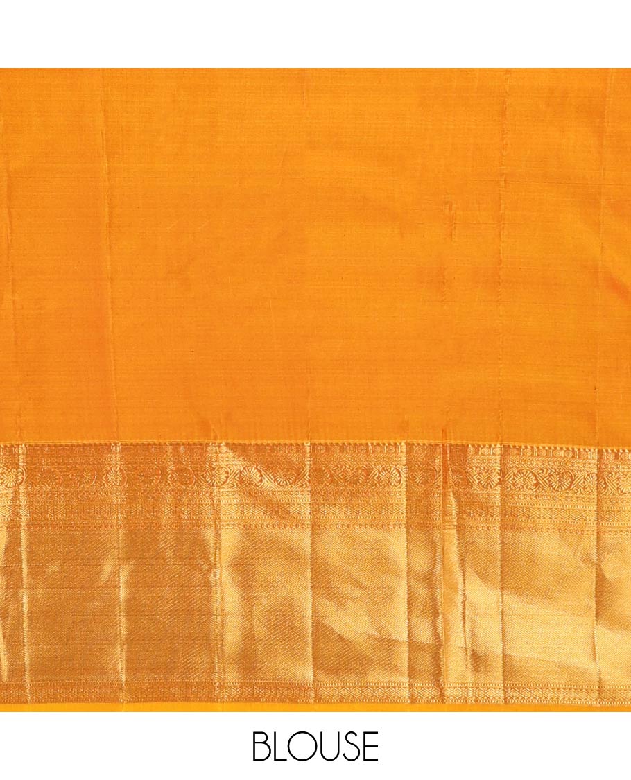 Gold Kanchipuram Wedding Silk Saree, Richly Detailed with Jacquard Design On Its Body, Highlighted by Zari Border of Rekku, Poun, Kodi Visiry, and Diamond Designs, Grand Jaal Pallu and Paired with a Matching Blouse