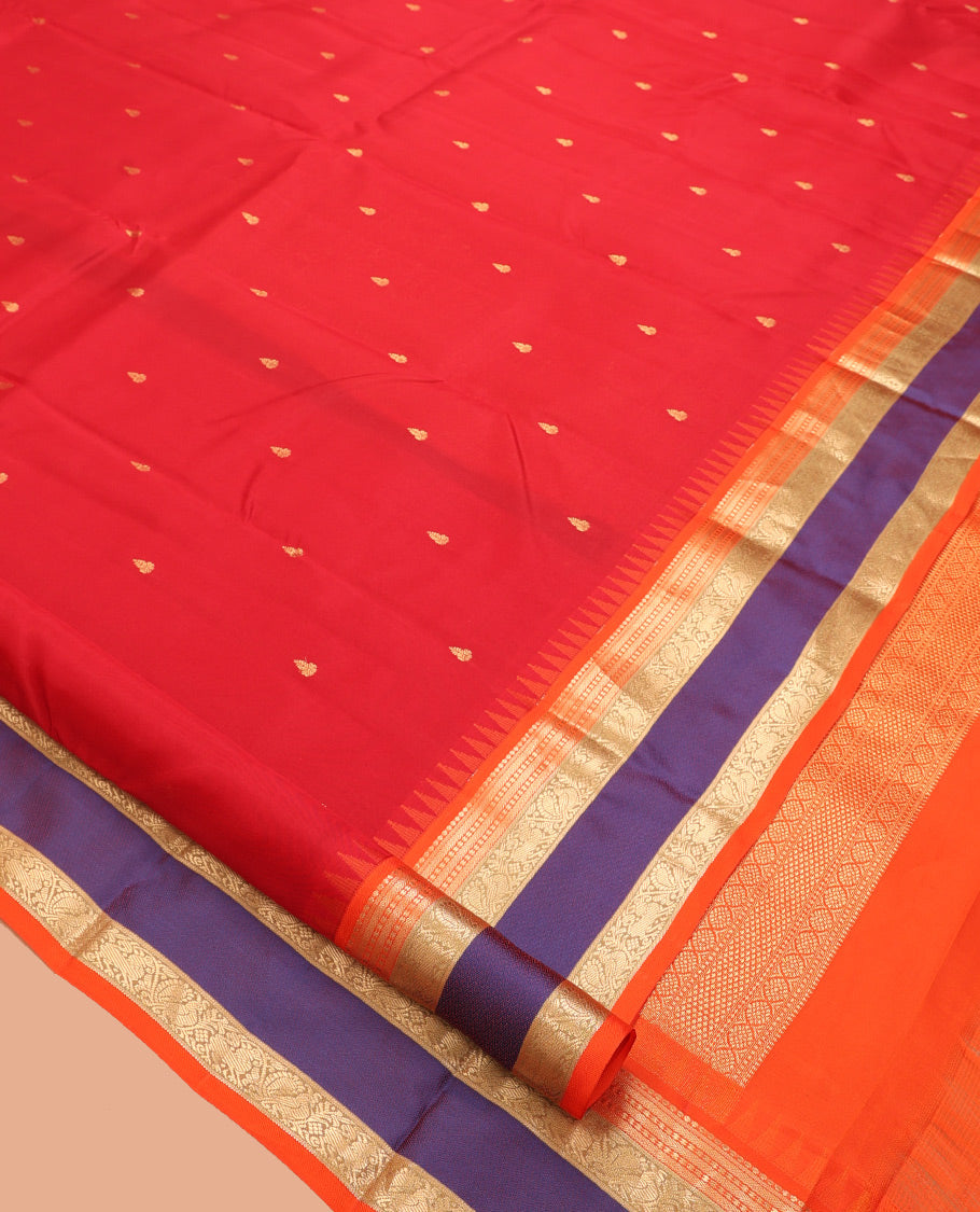 Tomato Red Buttas Vasundhara Lite Silk Mix Saree, Contrast Rettai Pettu Border, Jaal Pallu, Contrast Blouse