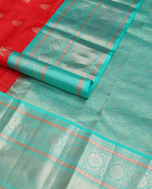 Red floral buttas silk saree with contrast border of thilakam mokku, paun, kodi visiry design & floral jaal design pallu