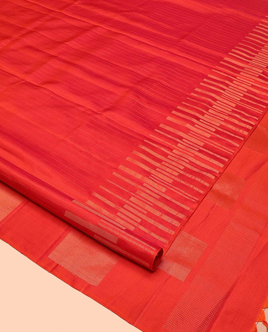 Red Mayuri Soft Silk Saree, Sparsely Sparkled with Stripes All Over Its Body, Highlighted by Zari Geometric Border, Pallu of Gleaming Zari Checks, and Paired with a Matching Blouse