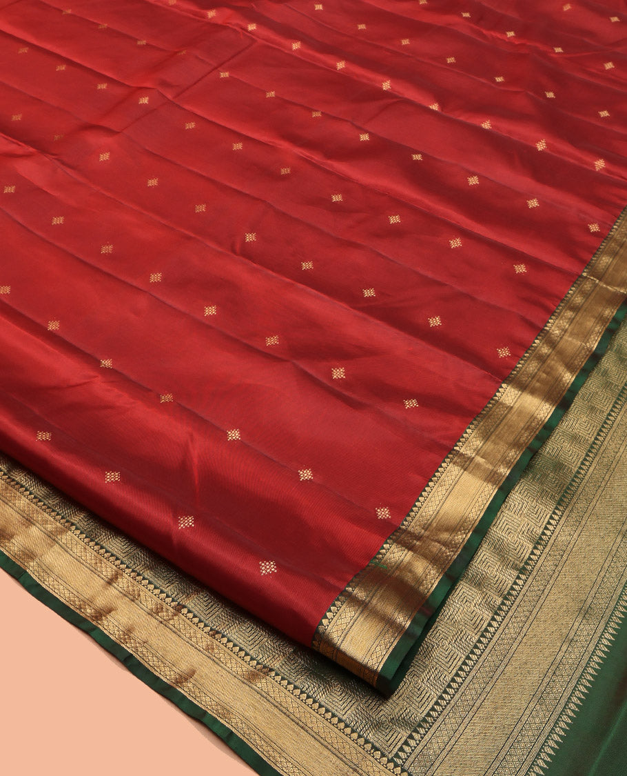 Red Vasundhara Lite Silk Mix Saree, Finely Crafted with Zari Buttas, Complemented by a Contrast Border of Manga, Mayil Kann, and Zari Design, Geometric Pallu, and a Contrast Blouse