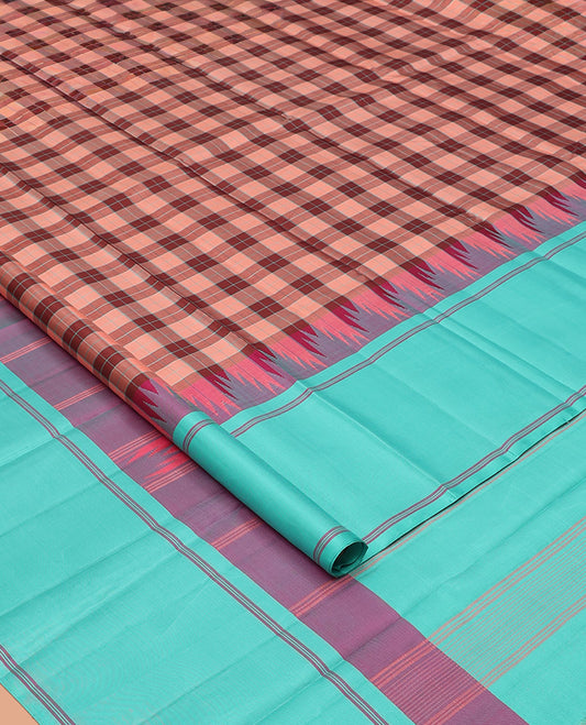 Multi-Color Palum Pazhamum Checked Kanchipuram Silk Saree,complemented by a Contrast Rettai Pettu Thazampoo Rekku Border, Pallu of Stripes, and Paired with a Contrast Blouse