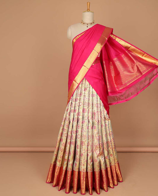 Sandal floral jacquard pure half silk saree with contrast zari border,  contrast zari design blouse & plain with zari border dhavani