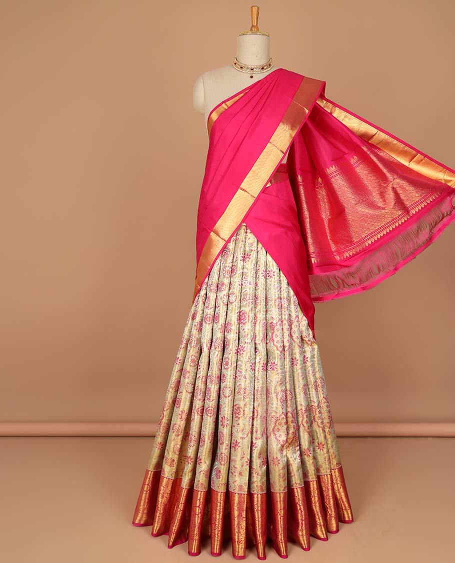 Sandal floral jacquard pure half silk saree with contrast zari border,  contrast zari design blouse & plain with zari border dhavani