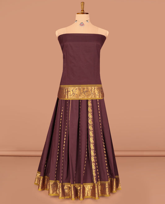 Brown Art Silk Pavadai Material Set, Embellished  with Zari Designs on Its Skirt, Complemented by a Contrast Traditional Zari Border, and a Matching Blouse