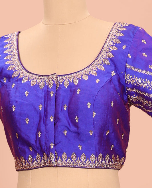 Blue embroidered round neck with elbow sleeve raw-silk blouse