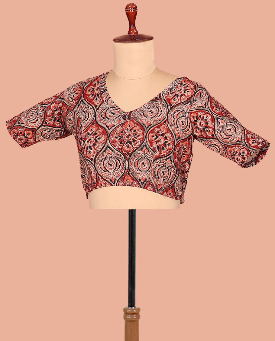 Red Cotton Readymade Blouse Spotlighted with All-Over Ogee Patterns Print, Featuring a Front Round-Neck, a Closed Back Neck, and Elbow Sleeves