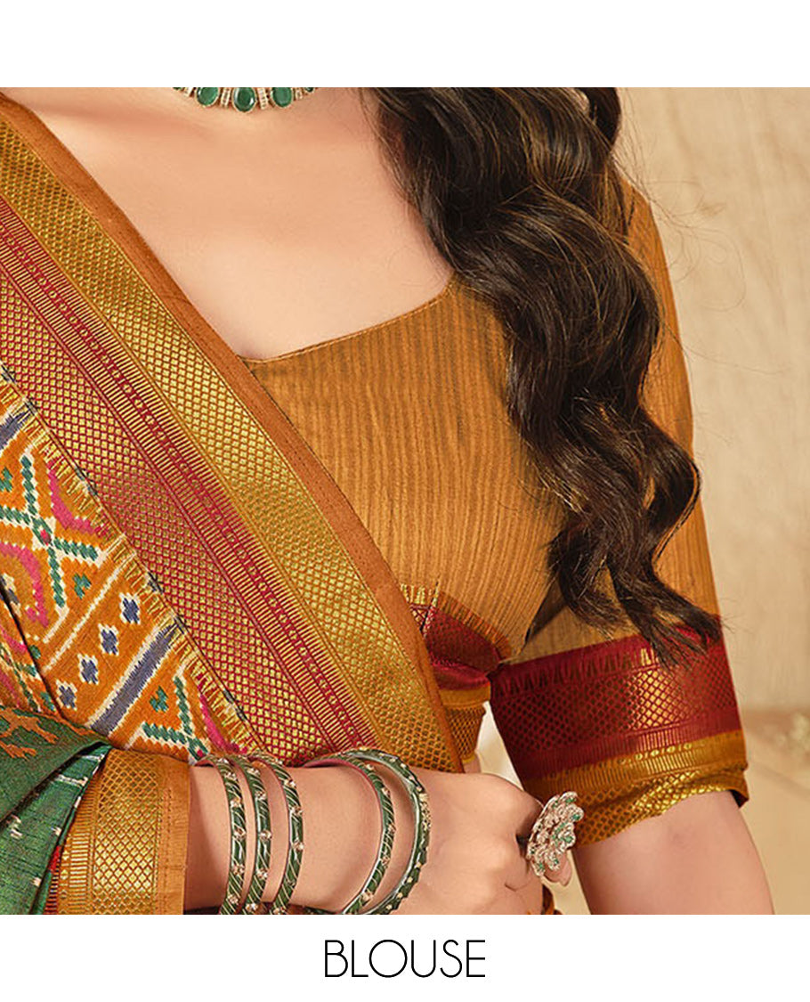 Green Fancy Raw Silk Designer Saree, Enthralled with Ikat Butta and Bird Buttas, a Contrast Traditional Border, a Patola-Printed Pallu, and a Contrast Blouse