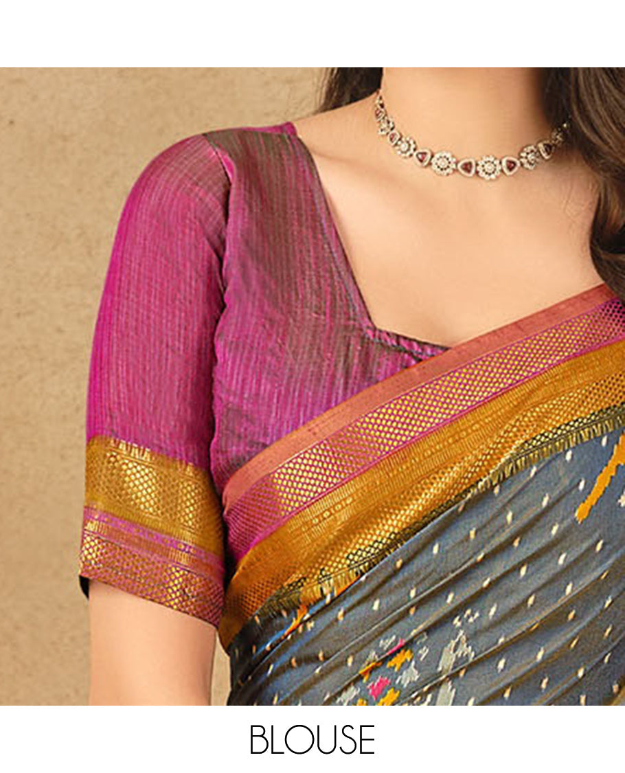 Grey Fancy Raw Silk Designer Saree, Detailed with Ikat Butta and Bird Buttas, a Contrast Traditional Border, a Patola-Printed Pallu, and a Contrast Blouse
