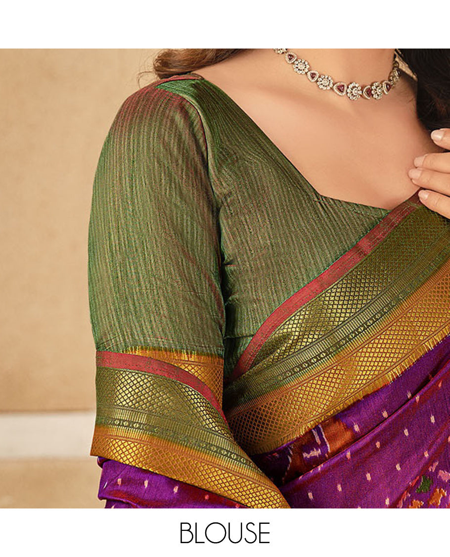 Purple Fancy Raw Silk Designer Saree, Crafted with Ikat Butta and Bird Buttas, a Contrast Traditional Border, a Patola-Printed Pallu, and a Contrast Blouse