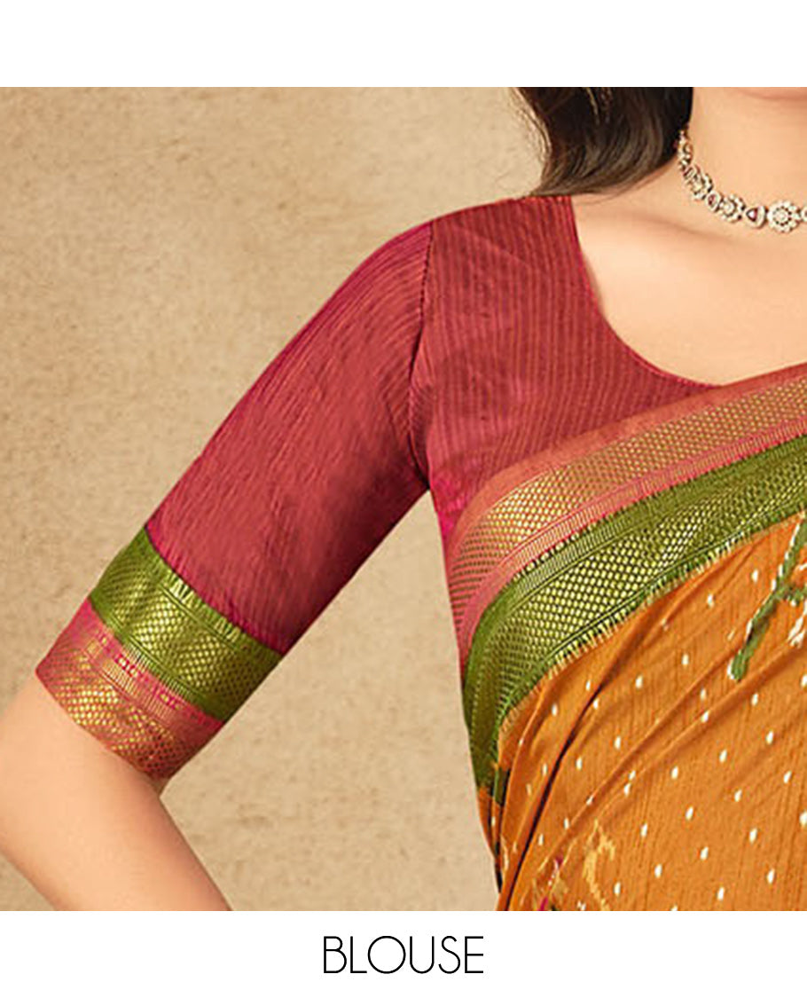 Orange Fancy Raw Silk Designer Saree, Elevated with Ikat Butta and Bird Buttas, a Contrast Traditional Border, a Patola-Printed Pallu, and a Contrast Blouse