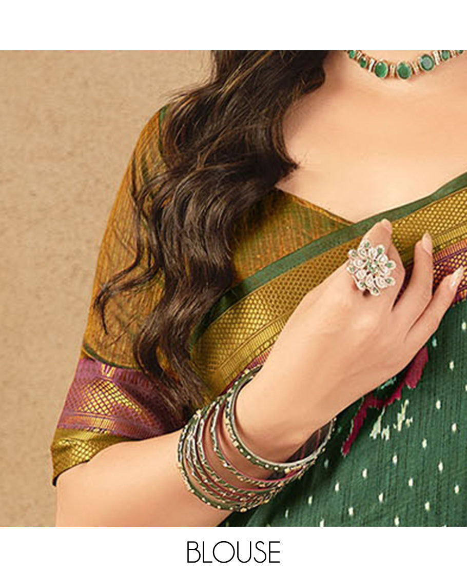 Green Fancy Raw Silk Designer Saree, Decked Up with Ikat Butta and Bird Buttas, a Contrast Traditional Border, a Patola-Printed Pallu, and a Contrast Blouse