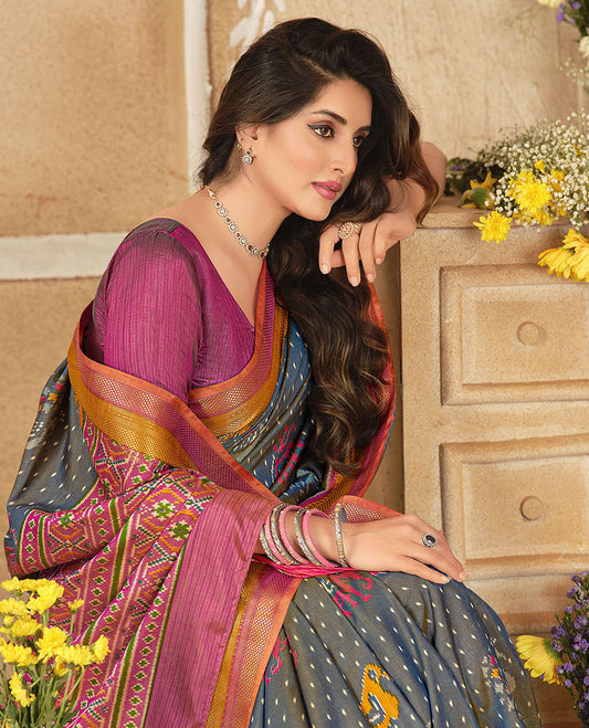 Grey Fancy Raw Silk Designer Saree, Detailed with Ikat Butta and Bird Buttas, a Contrast Traditional Border, a Patola-Printed Pallu, and a Contrast Blouse
