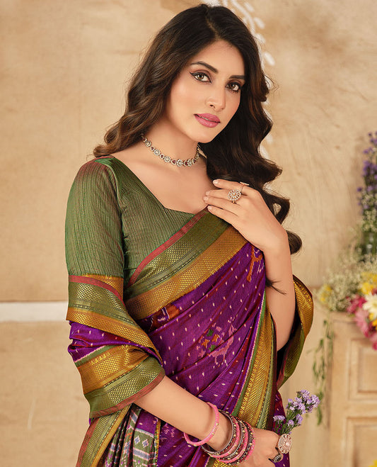 Purple Fancy Raw Silk Designer Saree, Crafted with Ikat Butta and Bird Buttas, a Contrast Traditional Border, a Patola-Printed Pallu, and a Contrast Blouse