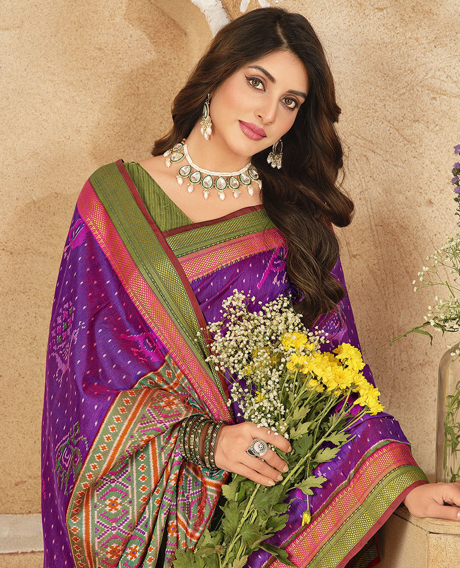 Purple Fancy Raw Silk Designer Saree, Bedecked with Ikat Butta and Bird Buttas, a Contrast Traditional Border, a Patola-Printed Pallu, and a Contrast Blouse
