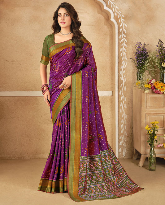 Purple Fancy Raw Silk Designer Saree, Crafted with Ikat Butta and Bird Buttas, a Contrast Traditional Border, a Patola-Printed Pallu, and a Contrast Blouse