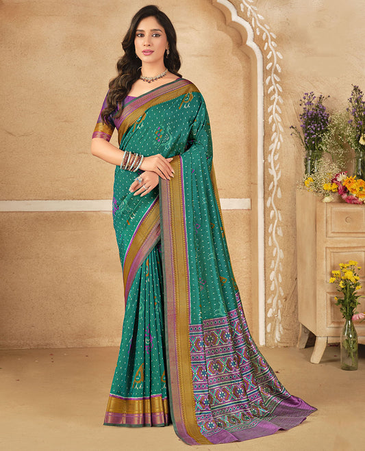 Green Fancy Raw Silk Designer Saree, Embellished with Ikat Butta and Bird Buttas, a Contrast Traditional Border, a Patola-Printed Pallu, and a Contrast Blouse