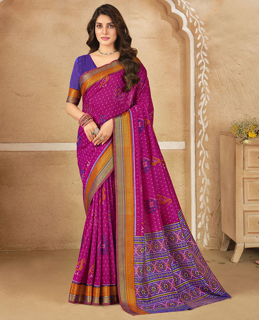 Pink Fancy Raw Silk Designer Saree, Accentuated with Ikat Butta and Bird Buttas, a Contrast Traditional Border, a Patola-Printed Pallu, and a Contrast Blouse