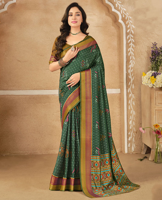 Green Fancy Raw Silk Designer Saree, Decked Up with Ikat Butta and Bird Buttas, a Contrast Traditional Border, a Patola-Printed Pallu, and a Contrast Blouse