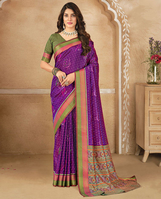 Purple Fancy Raw Silk Designer Saree, Bedecked with Ikat Butta and Bird Buttas, a Contrast Traditional Border, a Patola-Printed Pallu, and a Contrast Blouse
