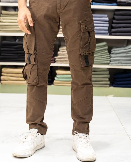 Brown Cotton-Blended Cargo Trousers Features Belt Loops, a Regular Fit, and a Regular Length