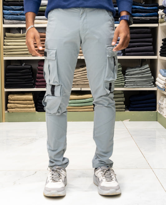 Light Grey Cotton-Blended Cargo Trousers Features Belt Loops, a Regular Fit, and a Regular Length