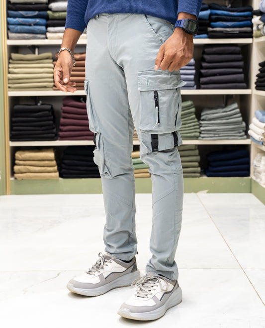 Light Grey Cotton-Blended Cargo Trousers Features Belt Loops, a Regular Fit, and a Regular Length