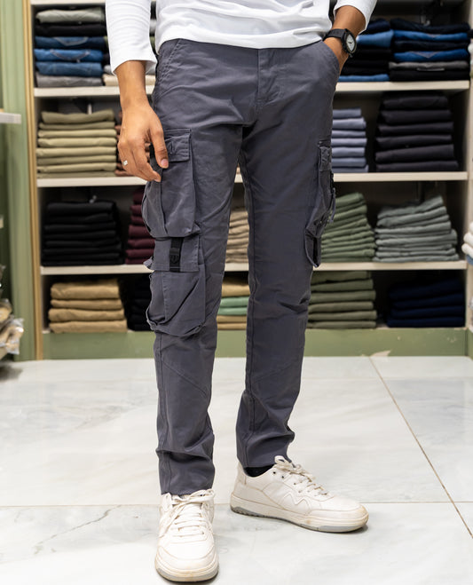 Dark Grey Cotton-Blended Cargo Trousers Features Belt Loops, a Regular Fit, and a Regular Length