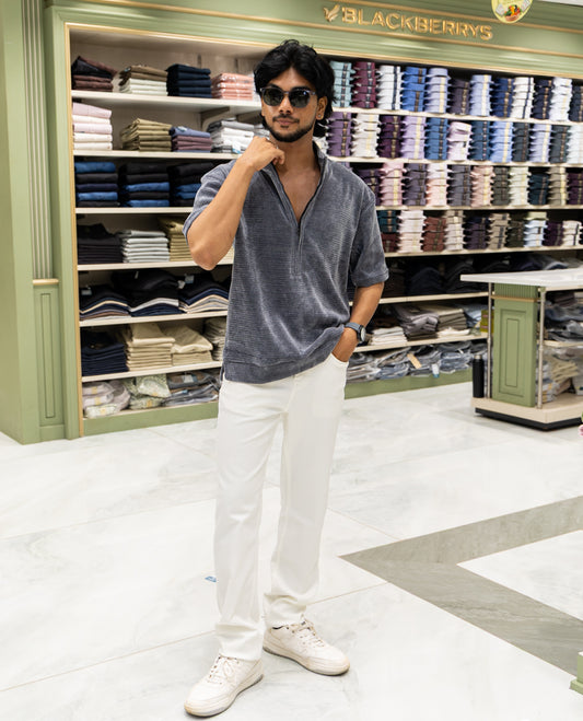 Grey Plain Suede Zipper T-Shirt Features Half Sleeves, a Crew Neck, a Boxy Fit, and Regular Length
