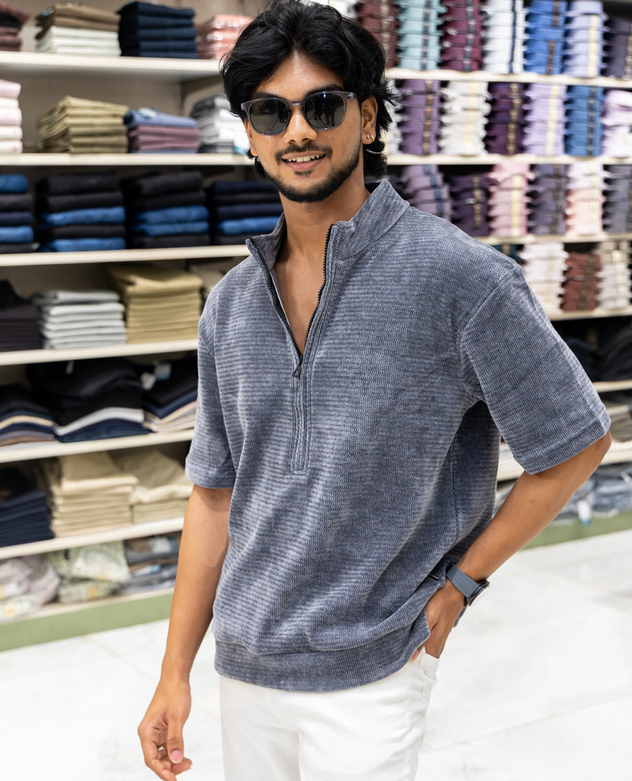 Grey Plain Suede Zipper T-Shirt Features Half Sleeves, a Crew Neck, a Boxy Fit, and Regular Length