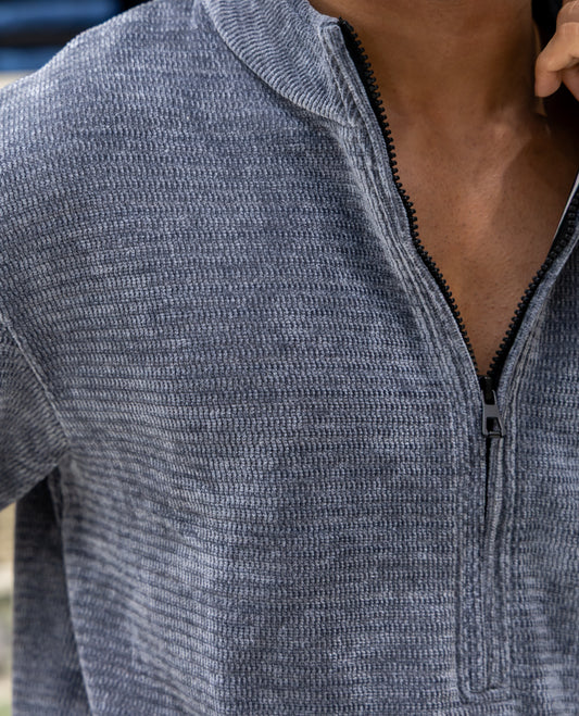 Grey Plain Suede Zipper T-Shirt Features Half Sleeves, a Crew Neck, a Boxy Fit, and Regular Length