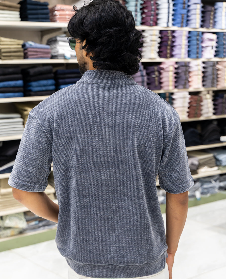 Grey Plain Suede Zipper T-Shirt Features Half Sleeves, a Crew Neck, a Boxy Fit, and Regular Length
