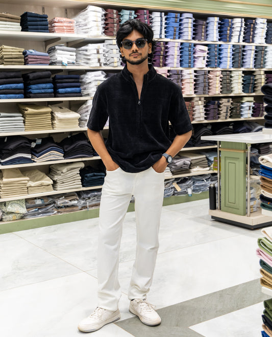 Black Plain Suede Zipper T-Shirt Features Half Sleeves, a Crew Neck, a Boxy Fit, and Regular Length