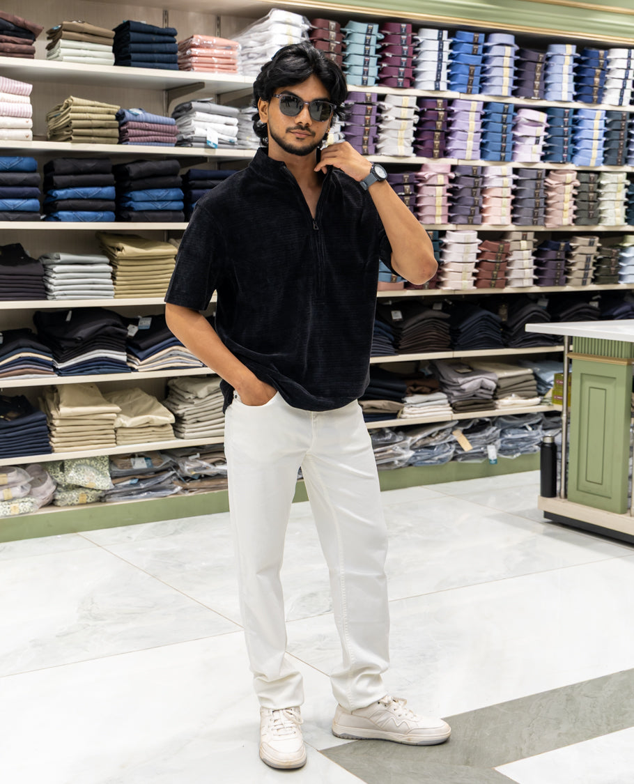 Black Plain Suede Zipper T-Shirt Features Half Sleeves, a Crew Neck, a Boxy Fit, and Regular Length
