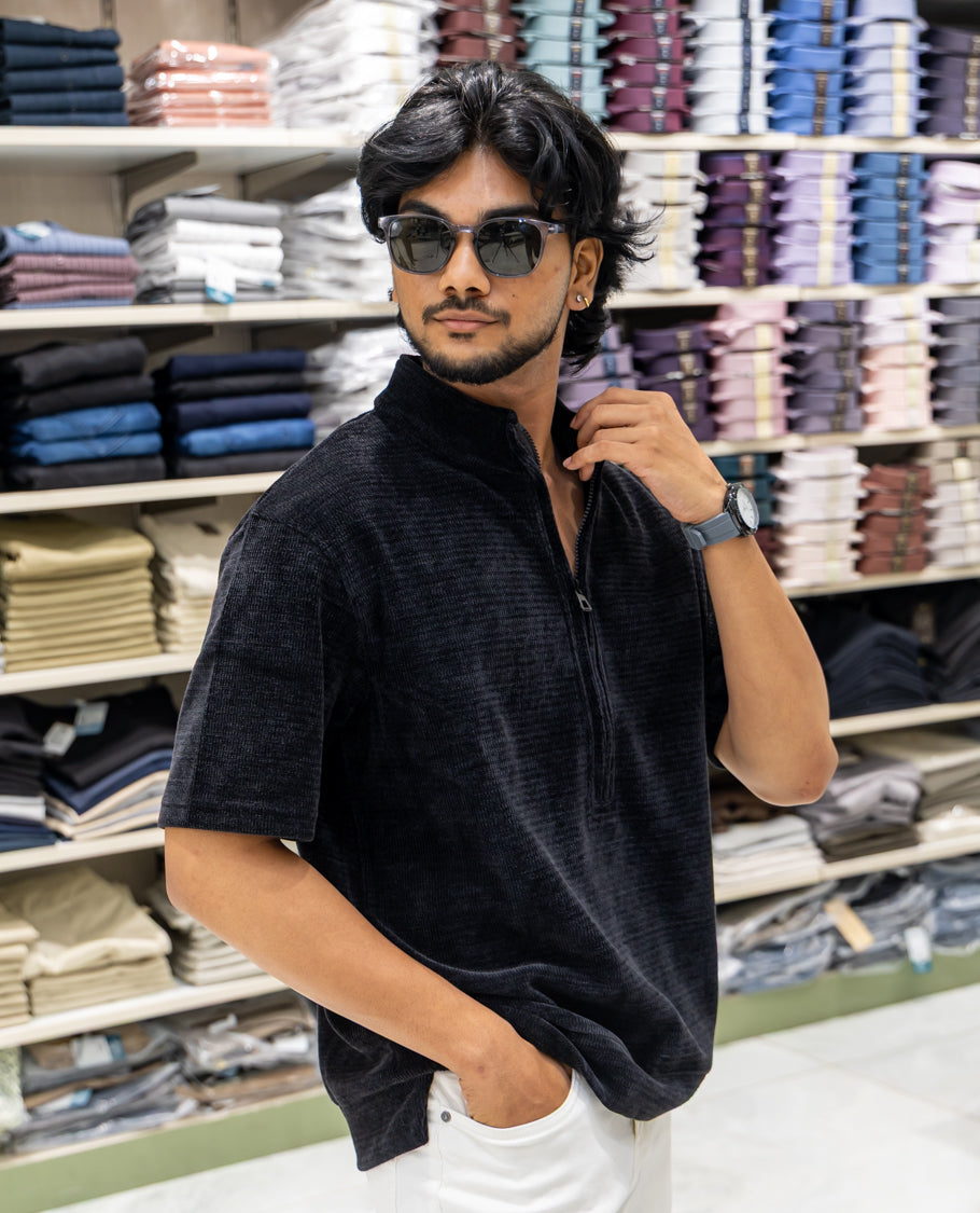 Black Plain Suede Zipper T-Shirt Features Half Sleeves, a Crew Neck, a Boxy Fit, and Regular Length