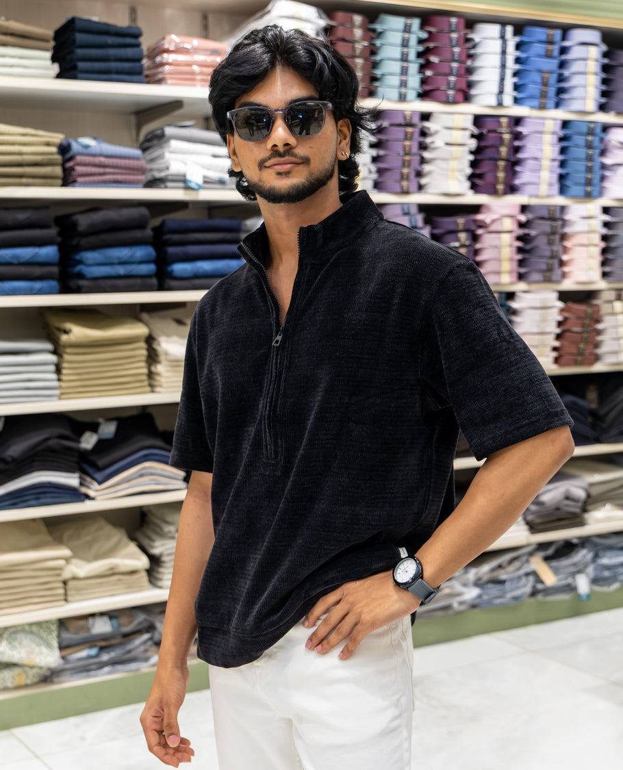 Black Plain Suede Zipper T-Shirt Features Half Sleeves, a Crew Neck, a Boxy Fit, and Regular Length