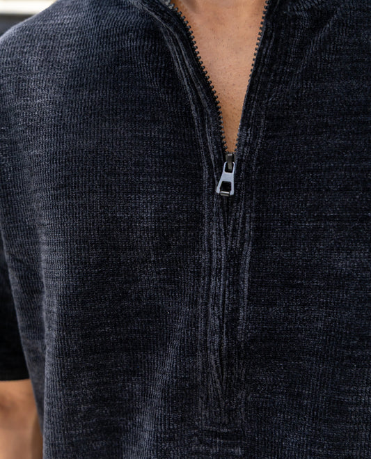 Black Plain Suede Zipper T-Shirt Features Half Sleeves, a Crew Neck, a Boxy Fit, and Regular Length